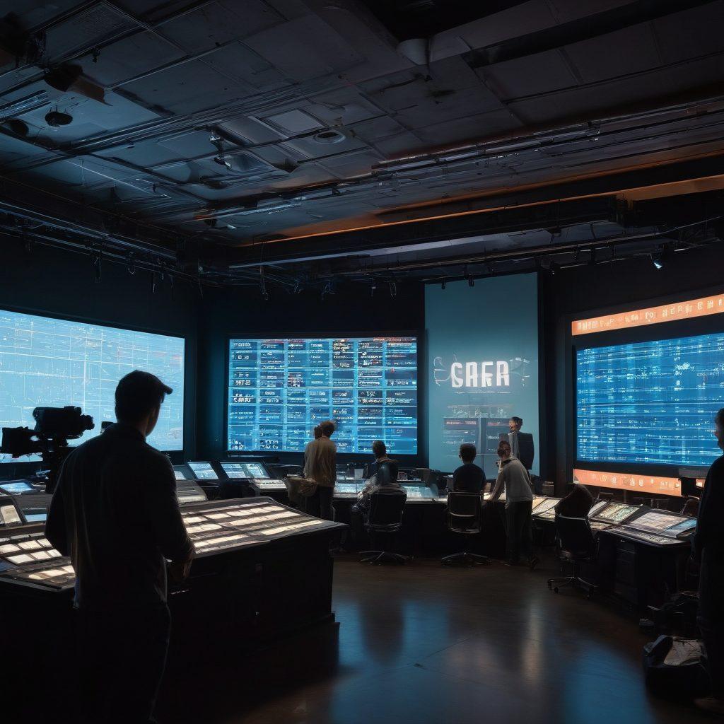 A filmmaking scene that showcases a creative team at work, surrounded by film reels and camera equipment, with a large screen displaying financial graphs and budgets. Include a clapperboard signifying the 'Script to Screen' concept, integrating elements of vibrant Hollywood with a hint of financial symbolism, like dollar signs and charts in the background. super-realistic. vibrant colors. cinematic atmosphere.