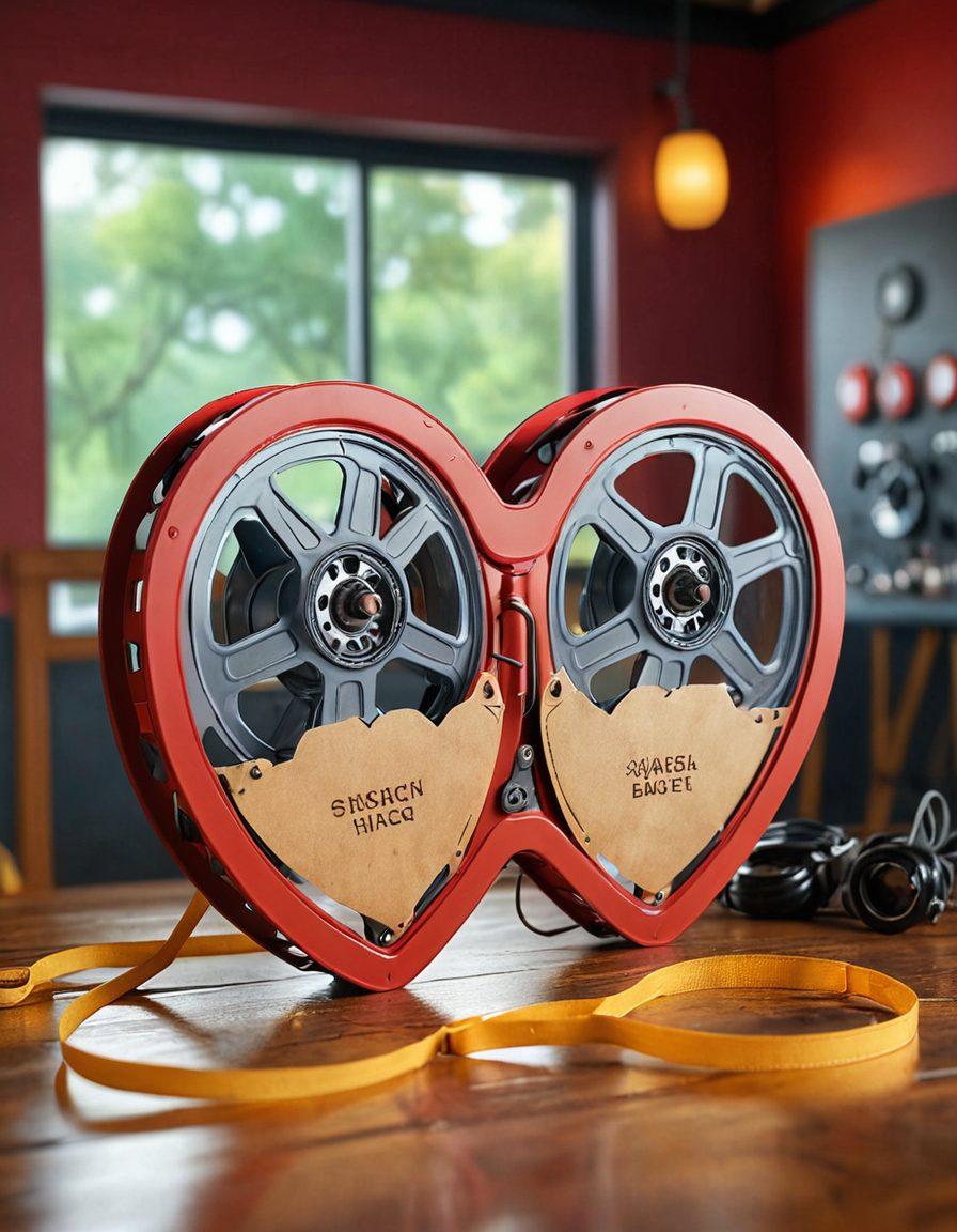 A heart-shaped film reel entwined with protective safety gear, representing love and liability in cinema. The backdrop features a softly blurred movie set with directors and actors enjoying their craft, highlighting passion and safety. Bright and warm colors evoke a sense of romance and creativity. super-realistic. vibrant colors. soft focus.