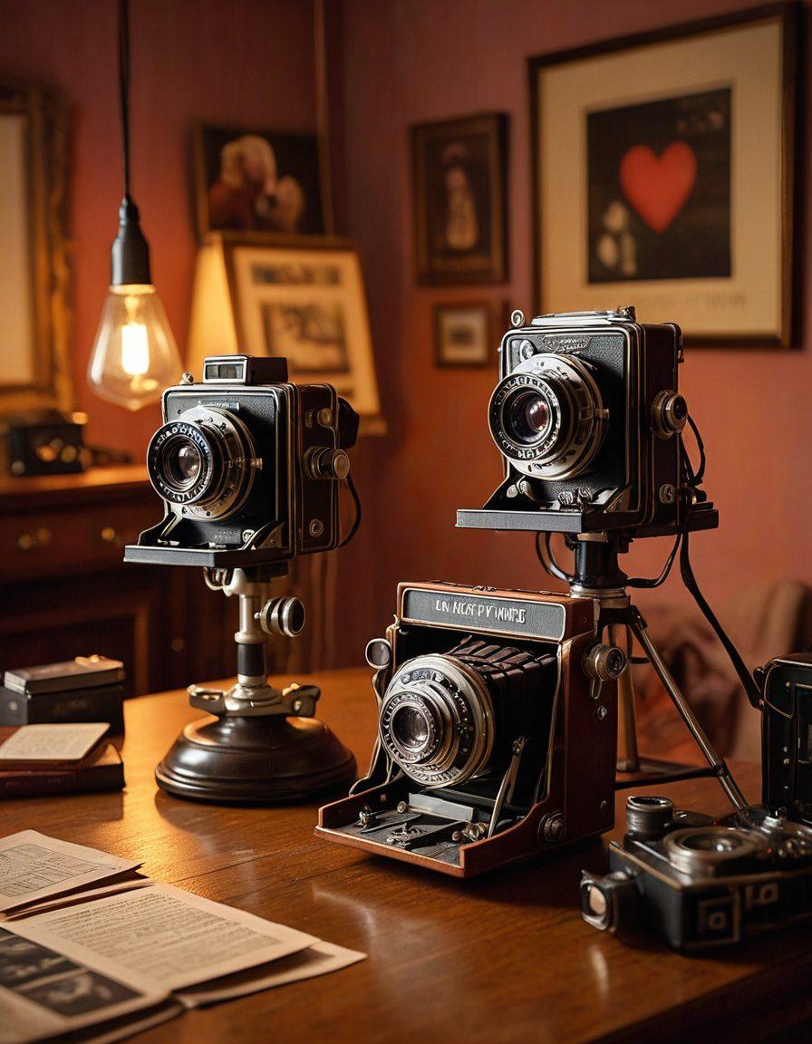 A film set adorned with romantic decorations, featuring a couple passionately discussing insurance options amidst vintage cameras and film reels. Soft lighting casts a warm glow, creating an intimate atmosphere. In the background, a heart-shaped clapperboard symbolizes love and creativity. The scene conveys a blend of professionalism and romance. super-realistic. vibrant colors. cinematic style.